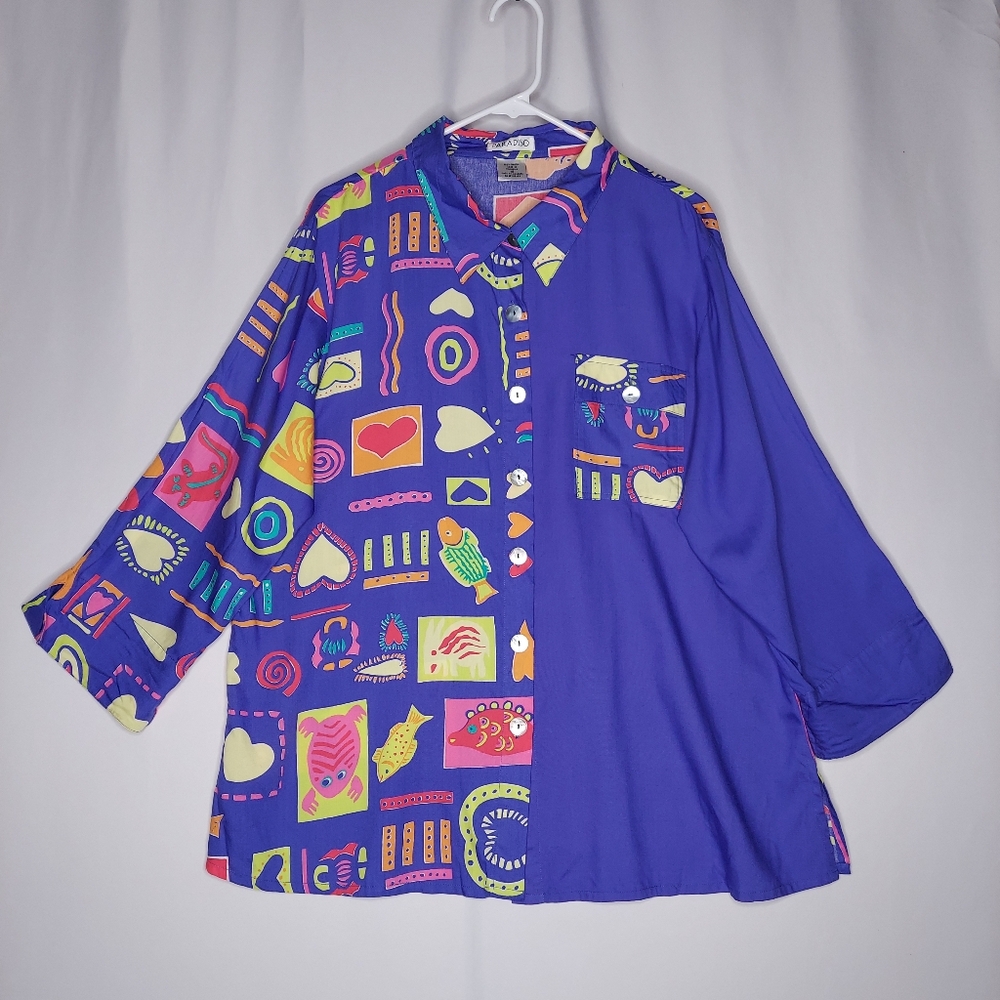 Paradiso 90's Button Top Womens 1X Art Wear Blue Multicolor Abstract Long Sleeve